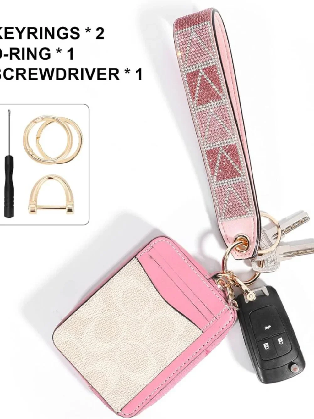 Sparkly Rhinestone Keychain Wristlet with D-ring for Car Keys & Wallets